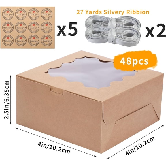 BDIUA-48pcs 4x4x2.5 Inches Brown Bakery Boxes with Window, Mini Cake Boxes, Small Treat Boxes, Pastry Boxes, Dessert Boxes, Cookie Boxes, Mini Pie Boxes, Kraft Candy Boxes for Pastries, Pie