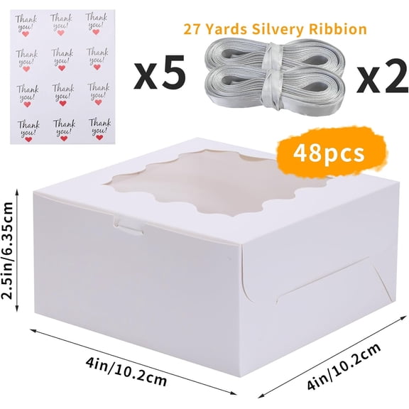 BDIUA-48pcs 4x4x2.5 Inches White Bakery Boxes with Window, Small Cake Boxes, Cookie Boxes, Mini Treat Boxes for Dessert, Strawberries, Pastry