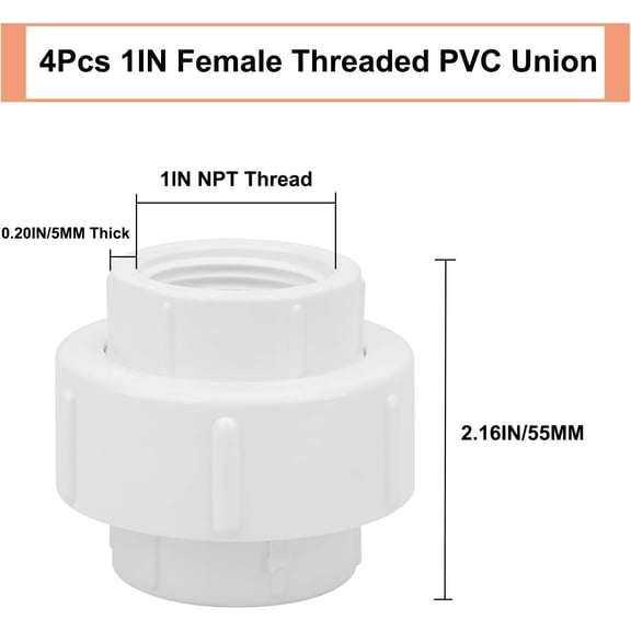 BDIUA-4Pcs 1Inch Female Threaded PVC Union Coupling Pipe Fitting (Female x Female) 1'' PVC FNPT Female Union Coupling Adapter for Sprinkler Pipe, Irrigation, Plumbing, Schedule 40, EPDM O-Ring