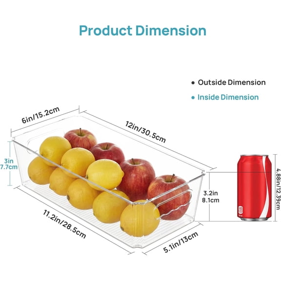 BDIUA-4pcs Clear Organizers and Storage Bins, Plastic Storage Containers with Handles for Fridge, Freezer, Pantry, Cabinet, Kitchen Organization