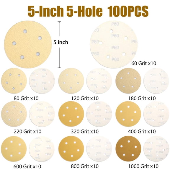 BDIUA-5 Inch 5 Holes Sanding Discs - 100PCS 60 80 120 180 220 320 400 600 800 1000 Grit Assorted Sandpaper, Random Orbital Sander Sandpaper, Hook and Loop Round Sand Paper