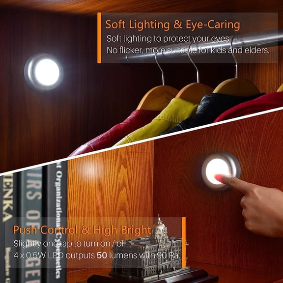 BDIUA-5 Pack 2.8 Push Tap Lights, Stick on Touch Puck Lights AAA Battery Operated, LED Sticky Button Lights for Classroom, Kitchen, Under Cabinet, Closet (Sliver, Cool White)