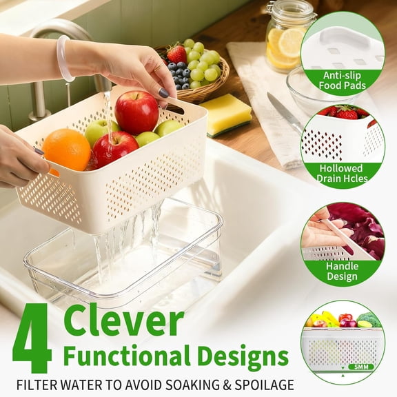 BDIUA-5-Pack Large Fruit Storage Containers for Fridge with Removable Colander, 2 in 1 Produce Storage Containers, BPA-Free Fridge Organizers and Storage Keep Fruits, Vegetables, Berry Fresh Longer