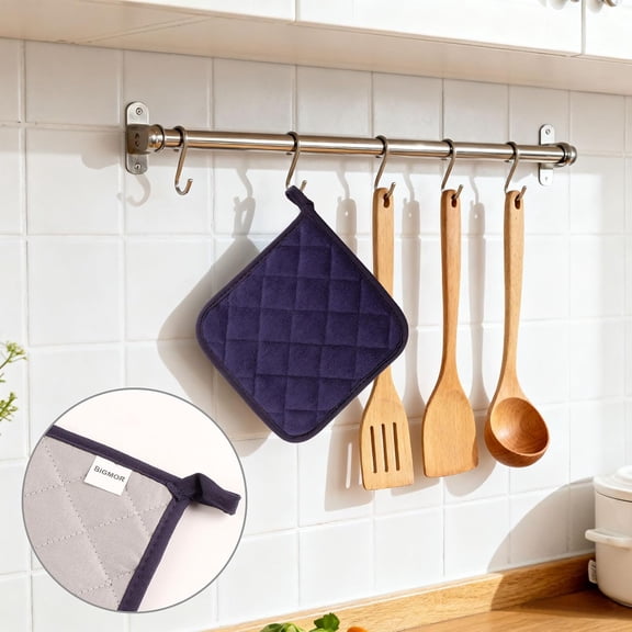 BDIUA-5 Pack Pot Holders for Kitchen Easy-Care Cotton Machine Washable hot Pads for Kitchen for Cooking and Baking Oven Navy Blue