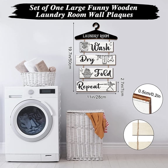 BDIUA-5 Pieces Laundry Room Decor Rustic Vintage Farmhouse Room Rules Hanging Sign Wooden Wash Dry Fold Repeat Laundry Accessories for Bathroom,Home 19.7 x 11 Inch(White Backing)