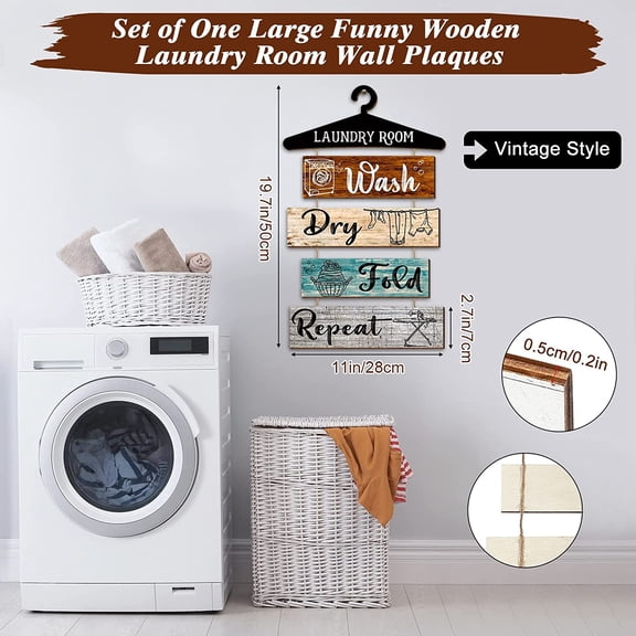 BDIUA-5 Pieces Laundry Room Decor Rustic Vintage Farmhouse Room Rules Hanging Sign Wooden Wash Dry Fold Repeat Laundry Accessories for Bathroom,Home 19.7 x 11 Inch(Multicolored Backing)
