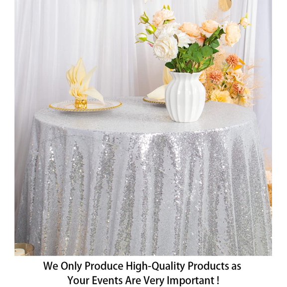 BDIUA-50" Round Tablecloth Silver Sequin Tablecloth Glitter Fabric Table Cover Sparkle Cake Dessert Table Linen Silver Sequin Circular Tablecloth for Wedding Birthday Party Banquet Decor