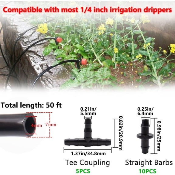 BDIUA-50FT 1/4" Blank Distribution Tubing Drip Irrigation Tubing Drip Irrigation Hose, Garden Watering Tube Line with 15PCS Drip Irrigation Barbed Connectors for Garden Irrigation System