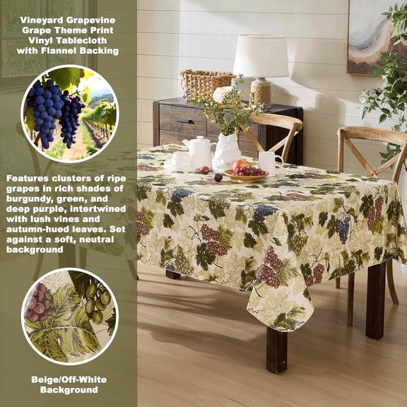BDIUA-52 x 52 Inch Square Vinyl Tablecloth with Flannel Backing, Grapevine Print, Grape Theme Indoor Outdoor Waterproof Table Cover, Picnic, Barbeque, Patio and Kitchen Dining