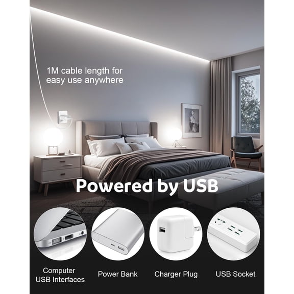 BDIUA-5V COB LED Strip Lights 6000K Cold White USB LED Strip Lights 10ft for Bedroom 8MM Width Flexible Rope Light for Kitchen Cupboard Wardrobe Staircase Counter Lighting Project 320LEDs/M CRI85+