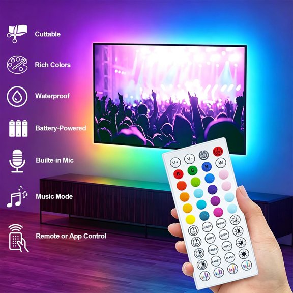 BDIUA-6.6FT RGB LED Strip Lights Battery Power Color Changing Music Sync App Remote Control, Waterproof LED Light Strips Battery Operated USB Lights for TV Cabinet Closet Shelves DIY Lighting