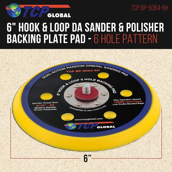 BDIUA-6" Hook & Loop DA Sander & Polisher Backing Plate Pad, 6 Hole Pattern Dustless - Dual-Action Random Orbital Sanding Pad - Low Profile Edge, Medium Density - for Auto Woodworking Sandpaper