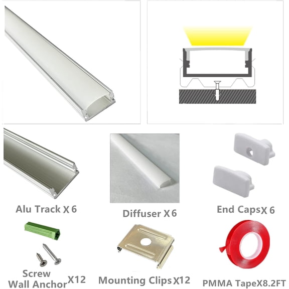 BDIUA-6-Pack 16inch Surface Mounted LED Strip Aluminum Channel with Anti UV Diffuser - Enhance Your Lighting with Style and Functionality