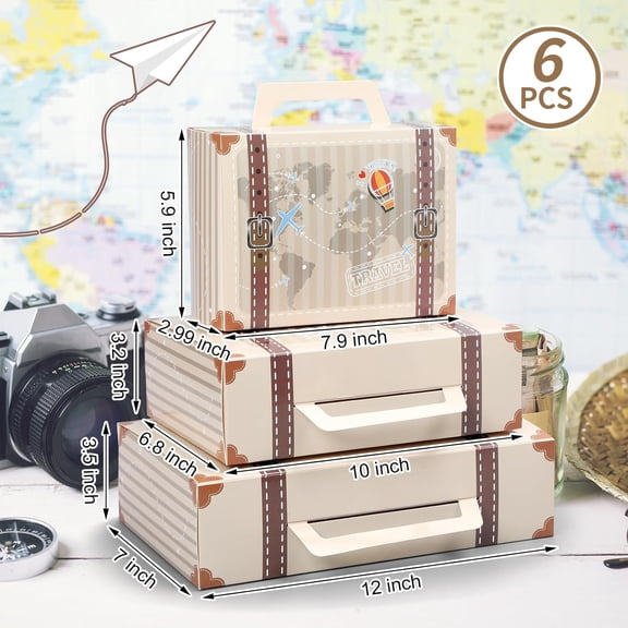 BDIUA-6 Pcs Large Vintage Travel Suitcase Box Travel Party Decorations Paperboard Suitcases Gift Box Decorative Set of 3 Small Stackable Storage Chests Decor for Themed Party Favors(Journey,Beige)