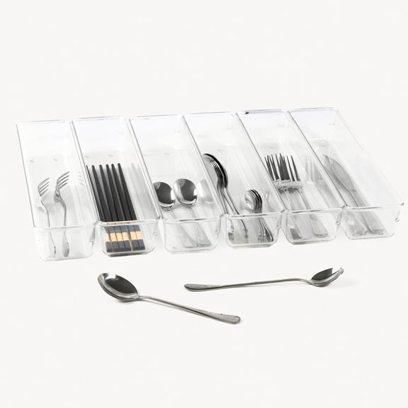 BDIUA-6 Set Clear Plastic Junk Drawer Organizer Vanity Curlery Utensil Makeups Organizer for Kitchen 12'' X 3''
