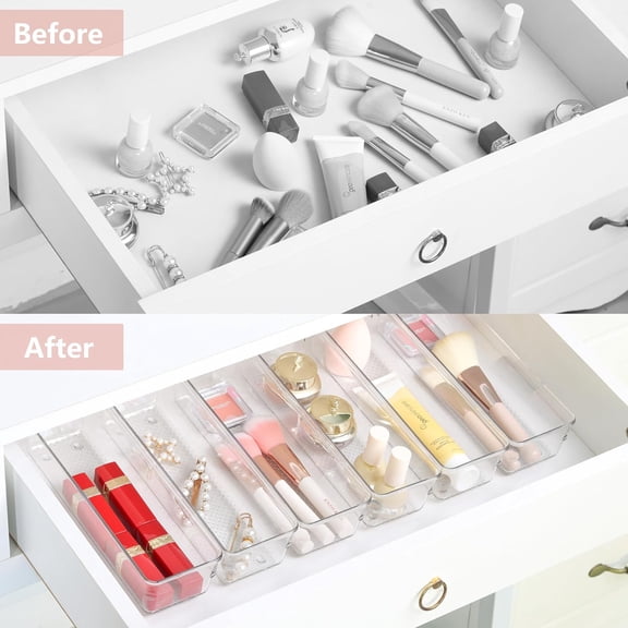 BDIUA-6 Set Clear Plastic Junk Drawer Organizer Vanity Curlery Utensil Makeups Organizer for Kitchen 9''X 3''