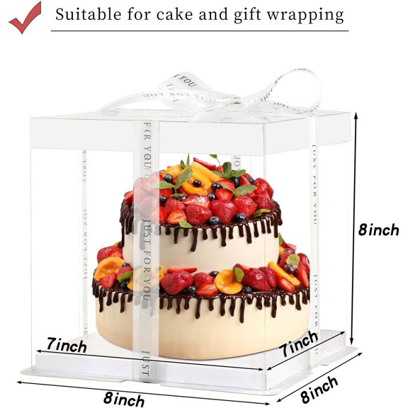 BDIUA-7" X 7" X 8" Ideal for 4" and 5" Inch two Layer Tiered Cakes Box,6 Pcs Transparent Cake Box with Ribbon for Pastries-Clear Boxes with Lid for Party and Display (White Lid, 7 * 7 * 8inch/6Pcs)