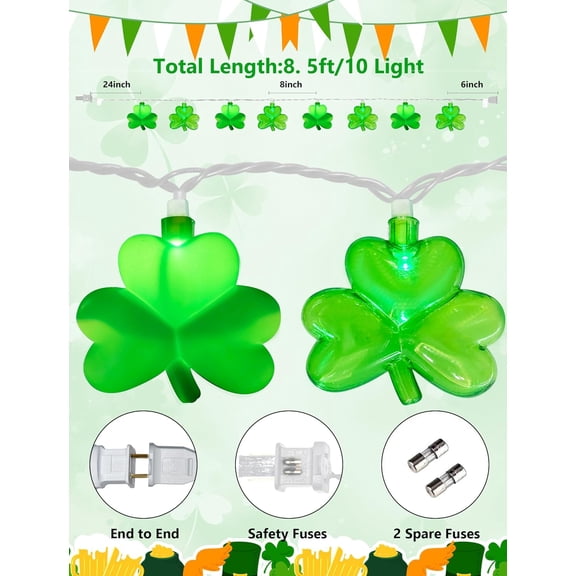 BDIUA-8.5Ft Shamrock String Lights Outdoor, St Patricks Day Decorations Lights with 10 LED Green Clover Lights, Plug in Shamrock Fairy Light for Window Patio Garden Party Irish St. Patricks Day, Whit