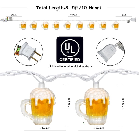 BDIUA-8.5Ft St Patrick's Day Decor Beer String Lights, Summer Club Beer Mug String Lights with 14 3D Waterproof Beer Lights(4 Spare), Party Decor Beer Lights for Bar Birthday Indoor