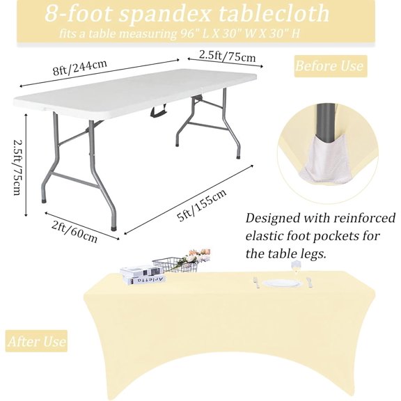 BDIUA-8FT Spandex Table Cover Table Cloth for Folding Tables Fitted Rectangular Tablecover Washable Wrinkle Resistant Polyester Stretch Tablecloth Protector for Wedding Banquet Party (4 Pack, Beige)