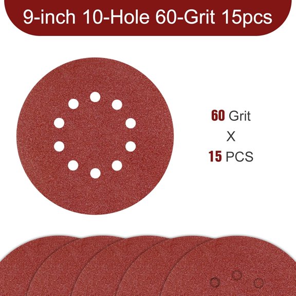 BDIUA-9 Inch 10 Holes Sanding Disc 60 Grit Drywall Sandpaper 15pcs for Popcorn Ceiling Sander Pads