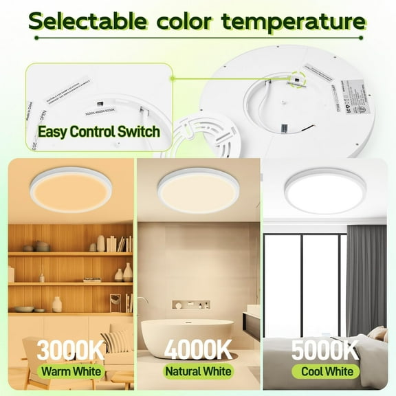 BDIUA-9 Inch Selectable CCT LED Round Flat Panel Light, 18W 1800LM 3000K/4000K/5000K, Edge-Lit Flush Mount Ceiling Light Fixture for Kitchen, Bedroom, Laundry and Closet Room, White