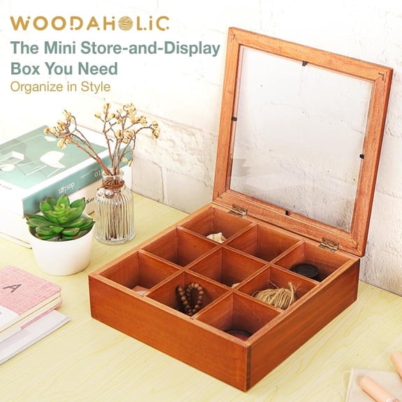 BDIUA-9-Slot Mini Wooden Storage Box w Clear Acrylic Collectibles Display Case - Square Wood Organizer Box with Dividers - Storage & Organizer Case for Tea, Essential Oils, Spices & More