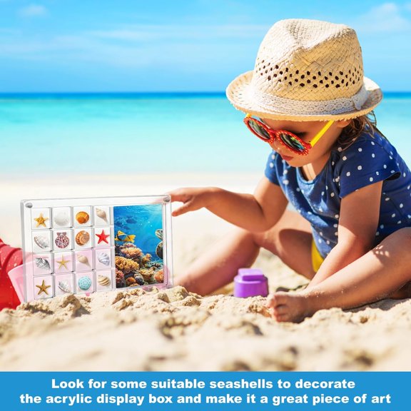BDIUA-Acrylic Magnetic Seashell Display Box with Picture Frame,Clear Sea Shell Display Box,Beach Magnet Storage Organizer Case for Seashell Diamond Beads,17 Grids,Transparent,1 Pack