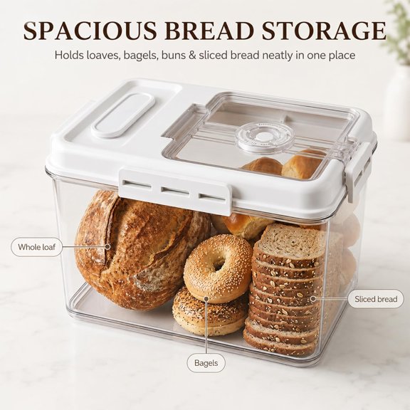 BDIUA-AirtightBread Box for Homemade Bread, Time Recording Fresh Bread Storage Container, Bread Keeper with Lid Perfect for Homemade Bread, Toast, Bagel, Donut and Cookies, White/Clear