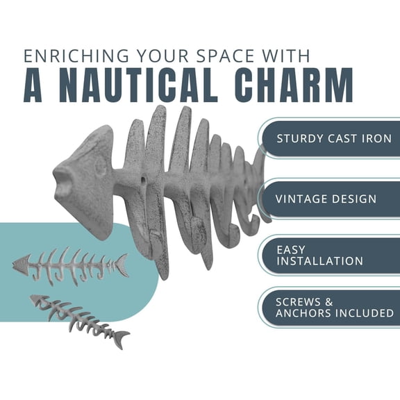 BDIUA-Antique White Fish Bones Cast Iron Wall Hook Rack  4 Hooks, Screws | Antique White; fish bones cast iron; 9.05"L x 3.34"H; 4 hooks; screws & anchors included; coastal decor