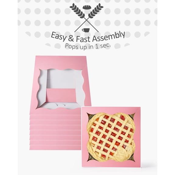 BDIUA-Auto-pop Up 12Packs Pink Pie Boxes with Window 12x12x3 Inch Cookie Donut Bakery Box