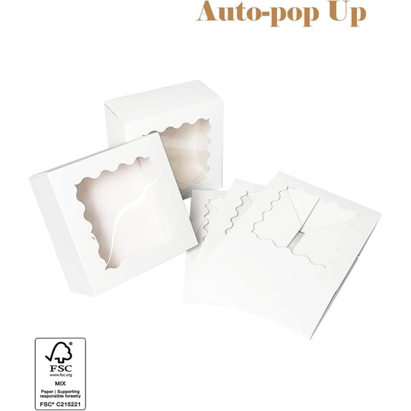 BDIUA-Auto-pop up 6x6x3 Inch White Cookie Box with Window 30Pcs Pastry Macaron Bakery Box For Packaging