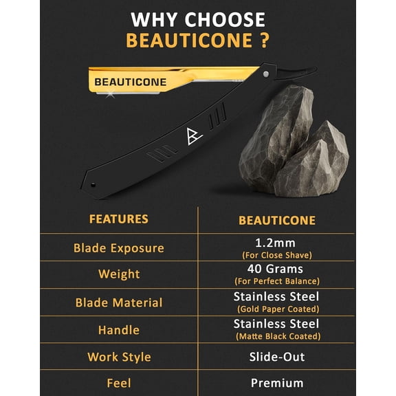 BDIUA-BEAUTICONE Barber Straight Razor for Men, Professional Shavette with Slide-Out Blade Holder, 100 Stainless Steel Blades Included, Cut Throat Razor, Black & Gold