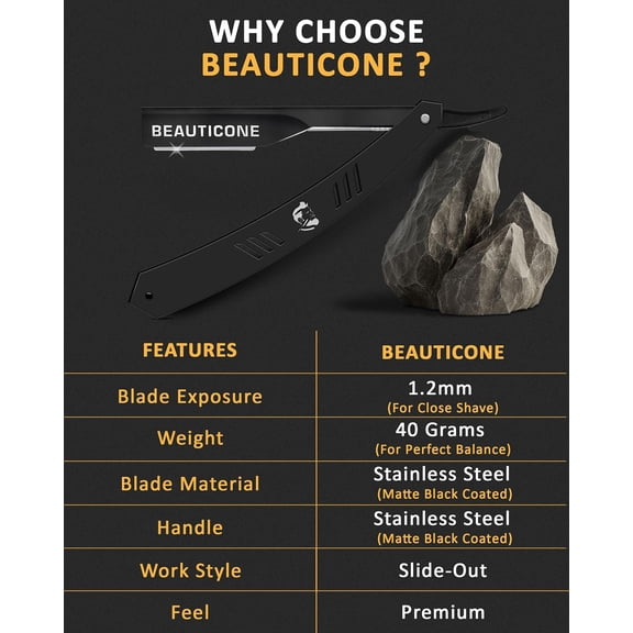 BDIUA-BEAUTICONE Barber Straight Razor for Men  Professional Shavette with Slide-Out Blade Holder, 20 Stainless Steel Blades Included, Cut Throat Razor, All Black