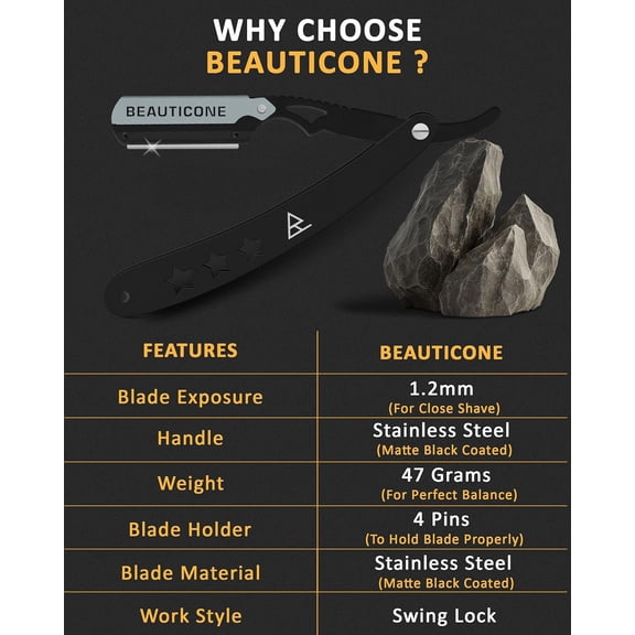 BDIUA-BEAUTICONE Barber Straight Razor for Men  Professional Shavette with Swinglock Blade Holder, 100 Stainless Steel Blades Included, Cut Throat Razor, All Black