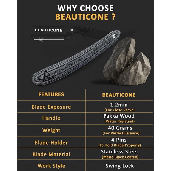 BDIUA-BEAUTICONE Straight Razor for Men  Professional Barber Straight Edge Razor with Stainless Replacement Blades, Swinglock Design, Wood Handle Shavette for Close Shaving  Navajas Para Barbero
