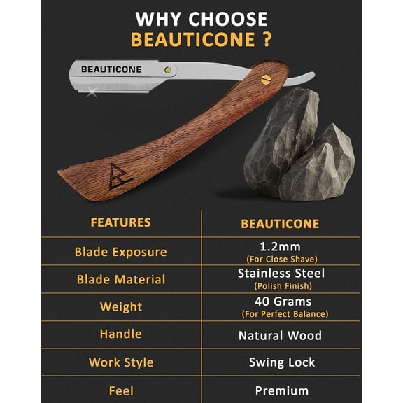 BDIUA-BEAUTICONE Straight Razor for Men  Professional Barber Straight Edge Razor with Swing Lock, Real Wood Handle Shavette, Replaceable Blades, Cut Throat Razor for Close Shaving  Navajas Para Bar