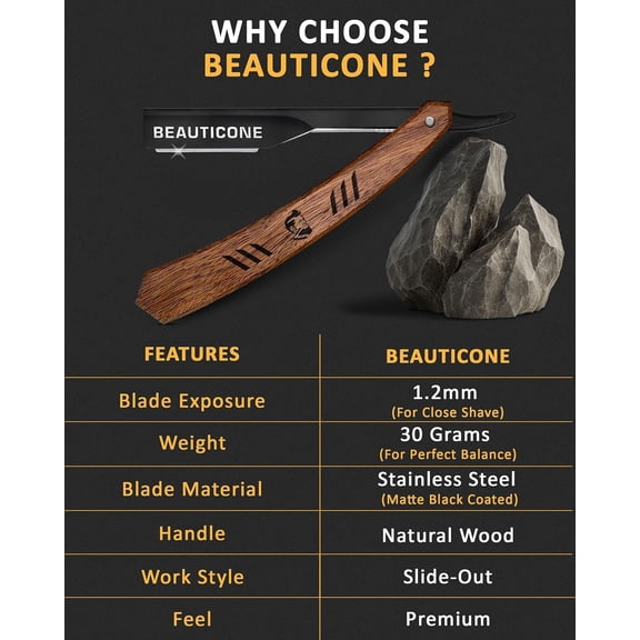 BDIUA-BEAUTICONE Straight Razors for Men - Professional Wood Handle Straight Edge Razor with 20 Replaceable Single Edge Blades - Stainless Steel Barber Shavette for Beard Shaving - Navajas para Barbe