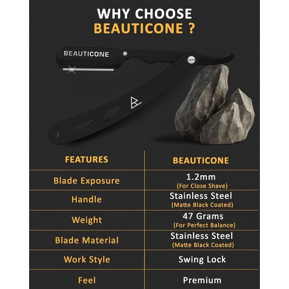BDIUA-BEAUTICONE Straight Razors for Men, Straight Edge Razor, Single Blade, Stainless Steel, Barber Razor for Men's Shaving, Barber Shaving Knife, Swinglock