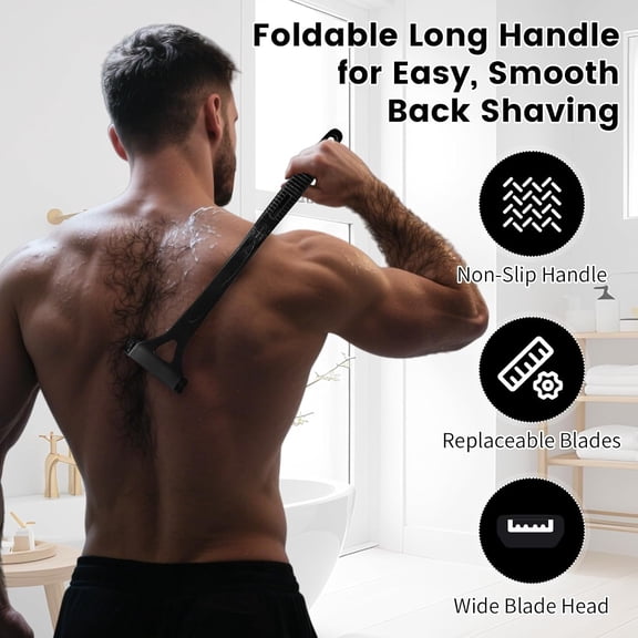 BDIUA-Back Shaver for Men with Foldable Long Handle, Back Hair Removal Razor with 8 Replaceable Safety Blades, Wet & Dry Body Hair Trimmer, Portable Stainless Steel Grooming Tool for Men