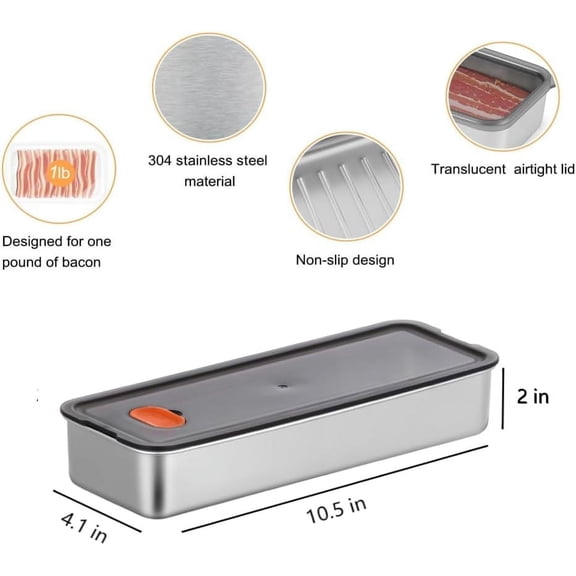 BDIUA-Bacon Container for Refrigerator, 304 Stainless Steel Sealed Food Storage Container with Silicone-Sealed and Air Vent Safe Deli Containers SealPro Bacon Box