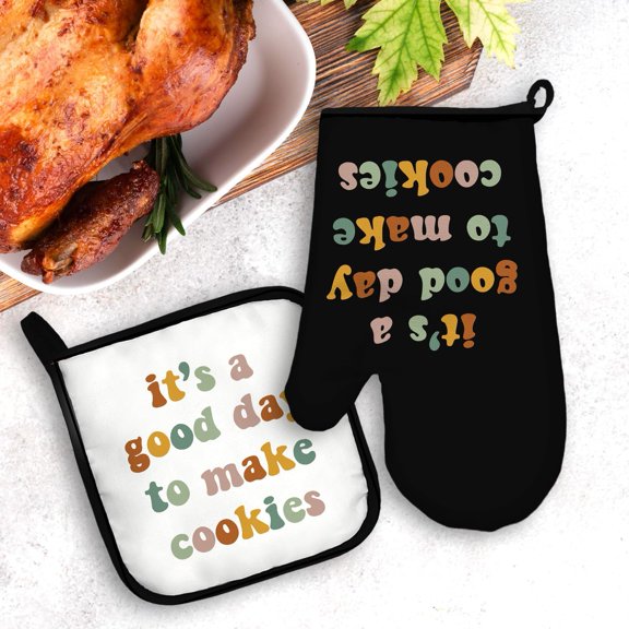 BDIUA-Baking Gifts Oven Mitts and Pot Holders Sets, Baking Gifts for Women,Cookie Lovers Gifts Heat Resistant Potholder Kitchen Decor for Girls Mothes Day,It's a Good Day to Make Cookies Oven Gloves