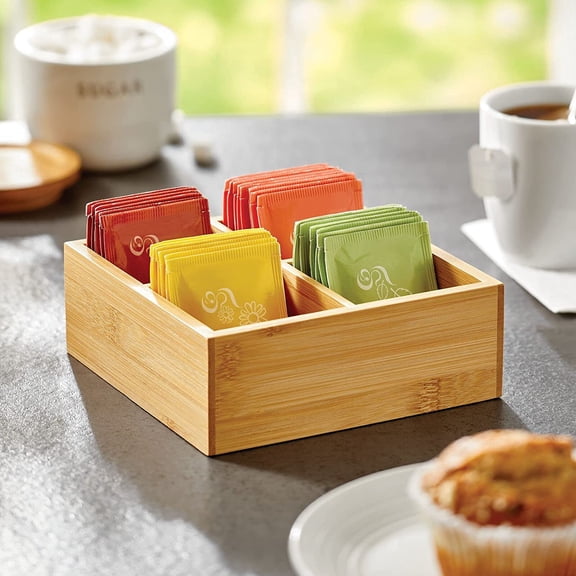 BDIUA-Bamboo Divided Storage Bin Container, Drawer Organizer Crate Box for Kitchen Pantry Cabinet, Shelf, Island Countertop, Holds Snacks, Spices, Drinks, Echo Collection, Natural/Tan