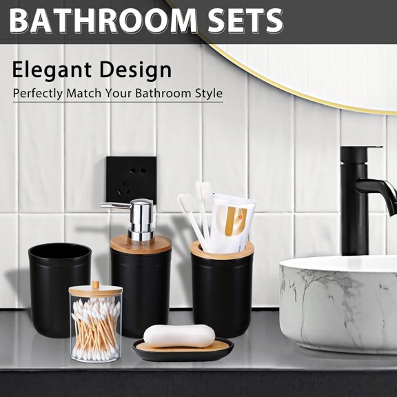 BDIUA-Bathroom Accessories Set 5Piece Black Bathroom Sets, Toothbrush Holder, Toothbrush Cup, Lotion Soap Dispenser, Soap Dish and Qtip Holder Bathroom Decor
