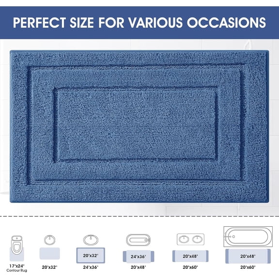 BDIUA-Bathroom Rugs, Ultra Soft Plush Fluffy Microfiber Absorbent Bath Mat, Non-Slip Backing, Machine Washable Bath Mats for Bathroom Floor, Tub and Shower, Blue/32"x20"/Bordered