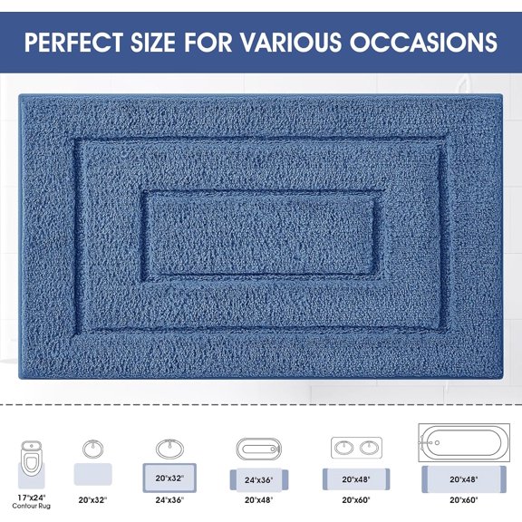 BDIUA-Bathroom Rugs, Ultra Soft Plush Fluffy Microfiber Absorbent Bath Mat, Non-Slip Backing, Machine Washable Bath Mats for Bathroom Floor, Tub and Shower, Blue/32"x20"/Bordered