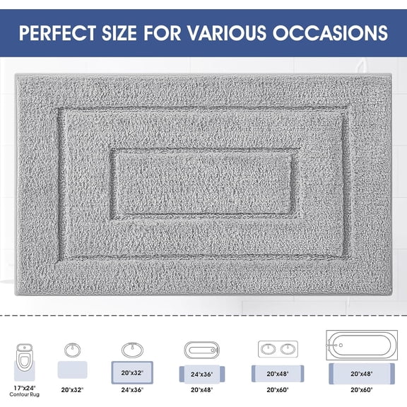 BDIUA-Bathroom Rugs, Ultra Soft Plush Fluffy Microfiber Absorbent Bath Mat, Non-Slip Backing, Machine Washable Bath Mats for Bathroom Floor, Tub and Shower, Grey/24"x17"/Bordered