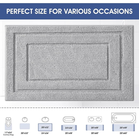 BDIUA-Bathroom Rugs, Ultra Soft Plush Fluffy Microfiber Absorbent Bath Mat, Non-Slip Backing, Machine Washable Bath Mats for Bathroom Floor, Tub and Shower, Grey/24"x17"/Bordered