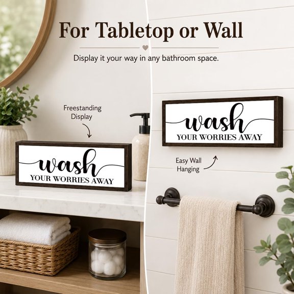 BDIUA-Bathroom Wooden Sign Decor, Wash Your Worries Away Quote Wood Block, Relaxing Bath Room Accent for Shelf Counter or Wall Display, Farmhouse Decor Sign, Giftable Bathroom Decoration, 9.5 x 3.1 I