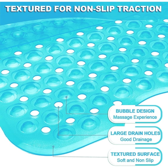 BDIUA-Bathtub and Shower Mats, 40x16 Inch Extra Large Non Slip Soft Bath Tub Mat with Suction Cups and Drain Holes for Bathroom Floor and Keep Tubs Clean, Machine Washable, Clear Turquoise